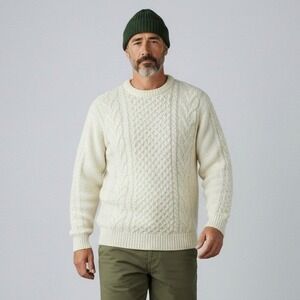 The Irish Store Mens XXL Cream 100% Wool Aran Cable Knit Fisherman Sweater